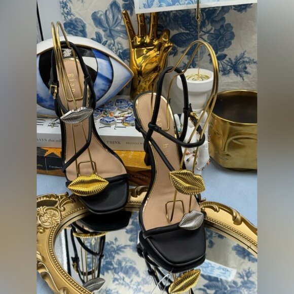 🆕 GIANNI BINI 🧿 NWOB Carletta Lip Ornamented Sandals, Black Leather, Sz 7 - Picture 5 of 16